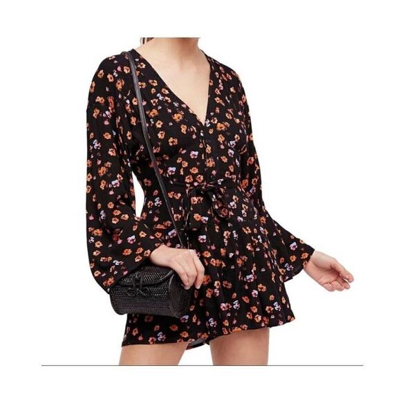 Free People womens Sz 0 black orange LAmour floral romper - Picture 1 of 6